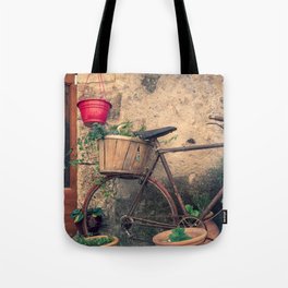 Vintage Bicycle Used As A Flower Pot, Provence Tote Bag