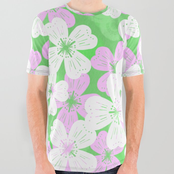 70’s Desert Flowers Pink on Green All Over Graphic Tee