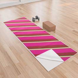 [ Thumbnail: Tan, Deep Pink, Brown & Dark Green Colored Stripes/Lines Pattern Yoga Towel ]