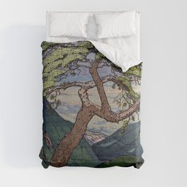 The Downwards Climbing - Summer Tree & Mountain Ukiyoe Nature Landscape in Green Comforter
