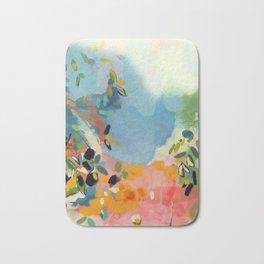 garden with sea view and olive tree Bath Mat | Interior, Garden, Art, Painting, Sunny, Coral, Mediterranean, Modern, Acrylic, Sky 