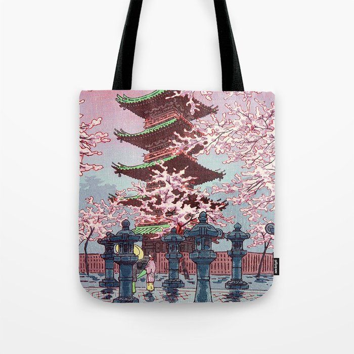 Ukiyo-e Temple Cherry Blossom Tote Bag