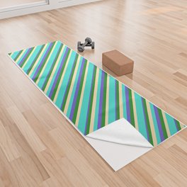 [ Thumbnail: Turquoise, Beige, Forest Green, and Slate Blue Colored Lines/Stripes Pattern Yoga Towel ]