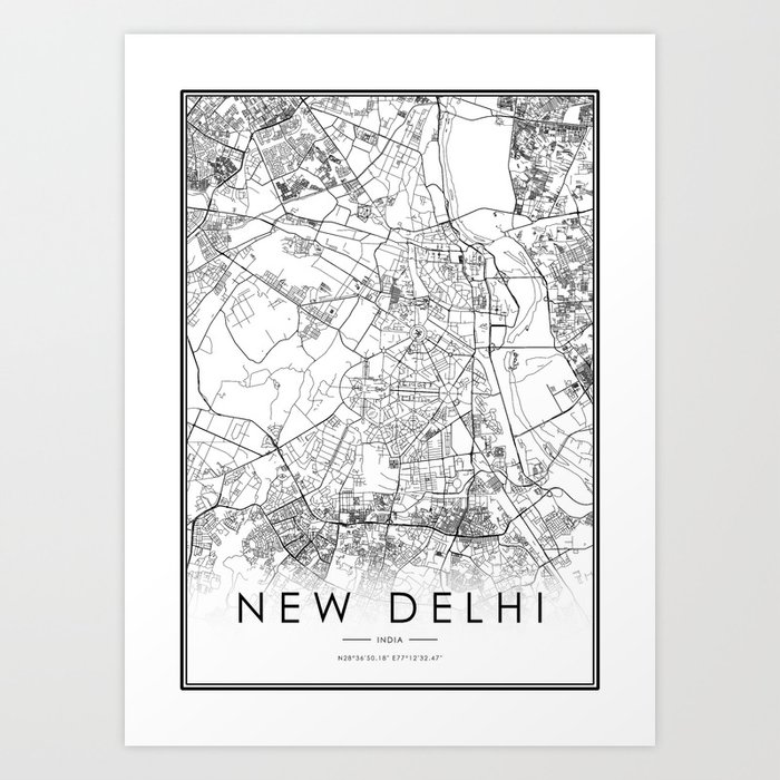 New Delhi City Map India White and Black Art Print by victorialyu ...