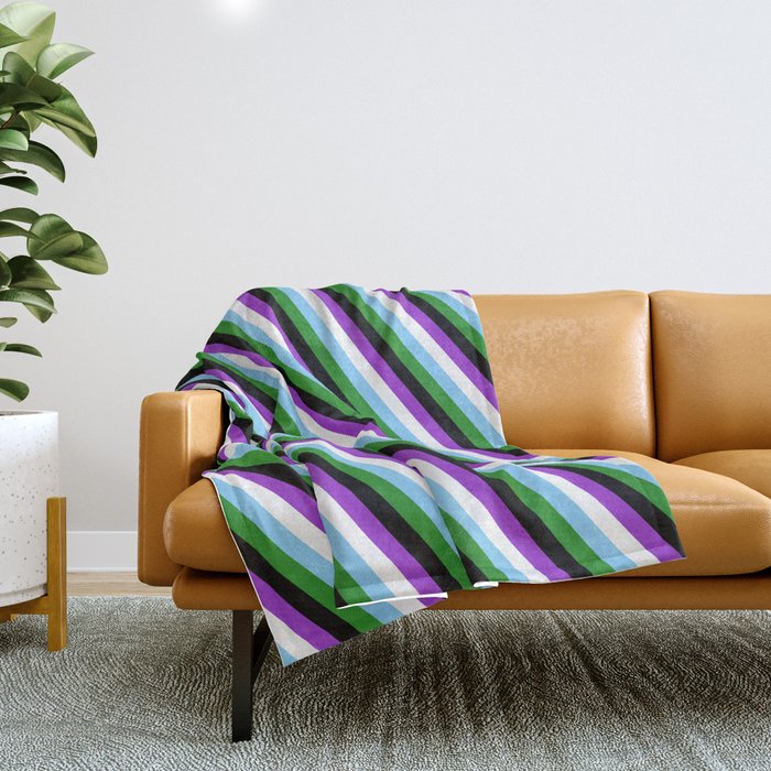 Eye-catching Dark Orchid, White, Light Sky Blue, Forest Green, and Black Colored Stripes Pattern Throw Blanket