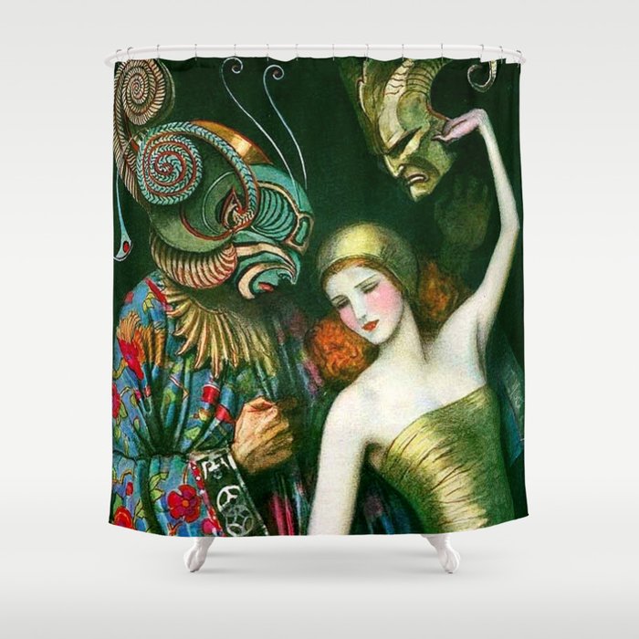Carnival of Venice Masquerade Art Deco Masked figure & Woman with bauta mask painting by W.T. Benda Shower Curtain