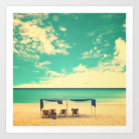 Paradise Beach and Retro Blue Sky Art Print