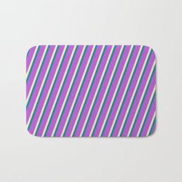 [ Thumbnail: Orchid, Bisque, and Dark Cyan Colored Lined Pattern Bath Mat ]