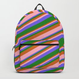 [ Thumbnail: Chocolate, Light Pink, Medium Slate Blue, and Forest Green Colored Stripes/Lines Pattern Backpack ]