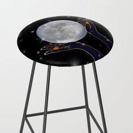 Womans hands holding the moon on a starry night Bar Stool
