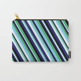 [ Thumbnail: Eye-catching Sea Green, Light Sky Blue, Mint Cream, Midnight Blue, and Black Colored Lined Pattern Carry-All Pouch ]
