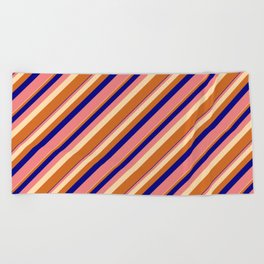 [ Thumbnail: Blue, Light Coral, Tan & Chocolate Colored Lined/Striped Pattern Beach Towel ]