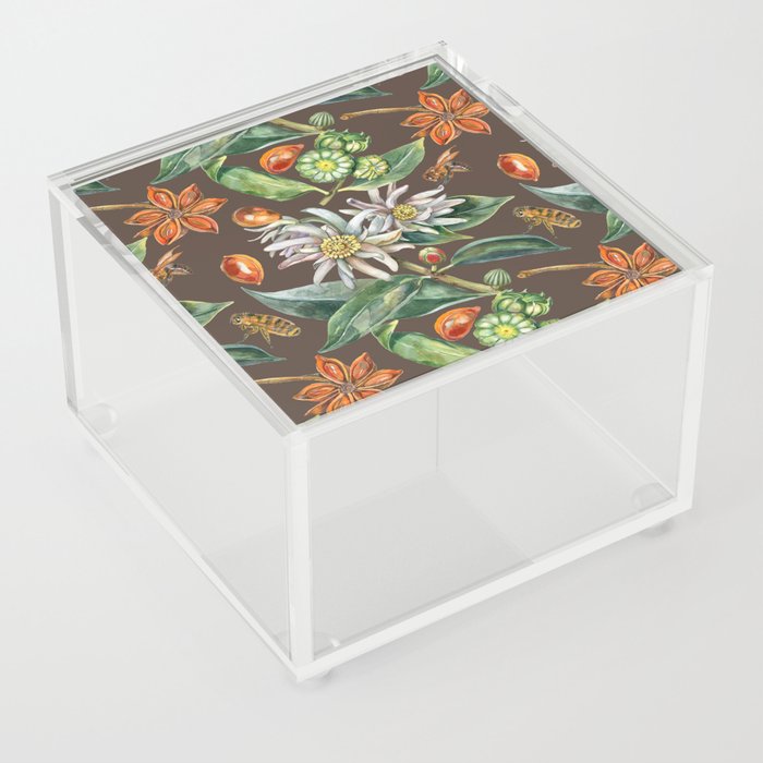 Watercolor botanical seamless pattern of culinary and healing plant star anise Acrylic Box