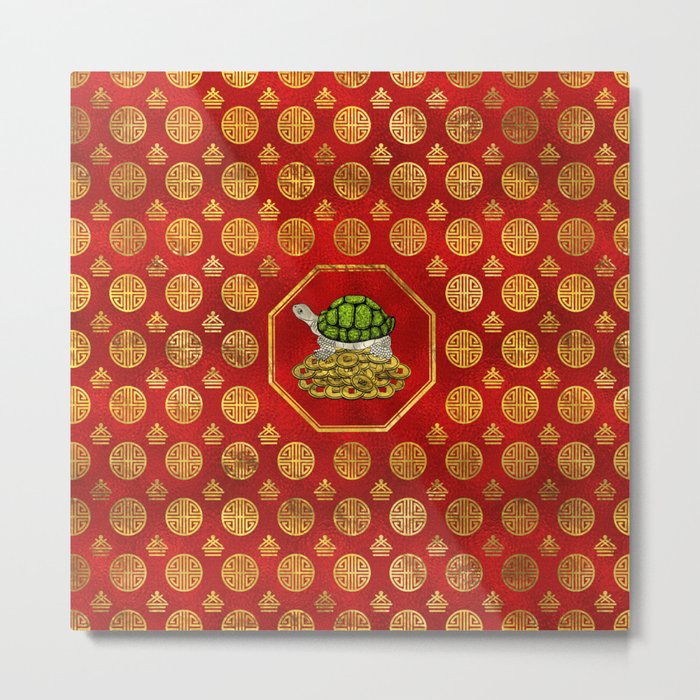 Golden Tortoise / Turtle Feng Shui on red Metal Print