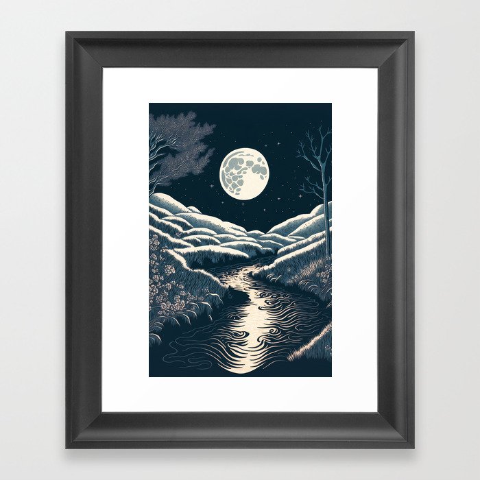 Moonlit River - Black & White Framed Art Print