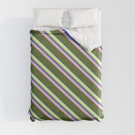 [ Thumbnail: Colorful Yellow, Royal Blue, Pink, Dark Olive Green, and Light Cyan Colored Lined/Striped Pattern Duvet Cover ]