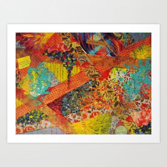 Pieces of Me - Gorgeous Bold Fabric Painting Collage Love Colorful Rainbow Yellow Red Stripes Floral Art Print