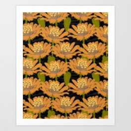 Expressionist Floral Print Composition, Zinnia Farm Garden Pattern in Natural Earth Colors Art Print