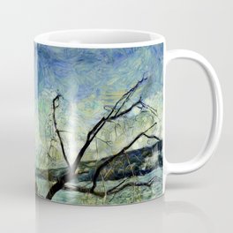 Landscape with a fantastic sky  landscape, painting, Van Gogh, shore, river, sky, driftwood, dry trees, trees, yellow, blue Coffee Mug