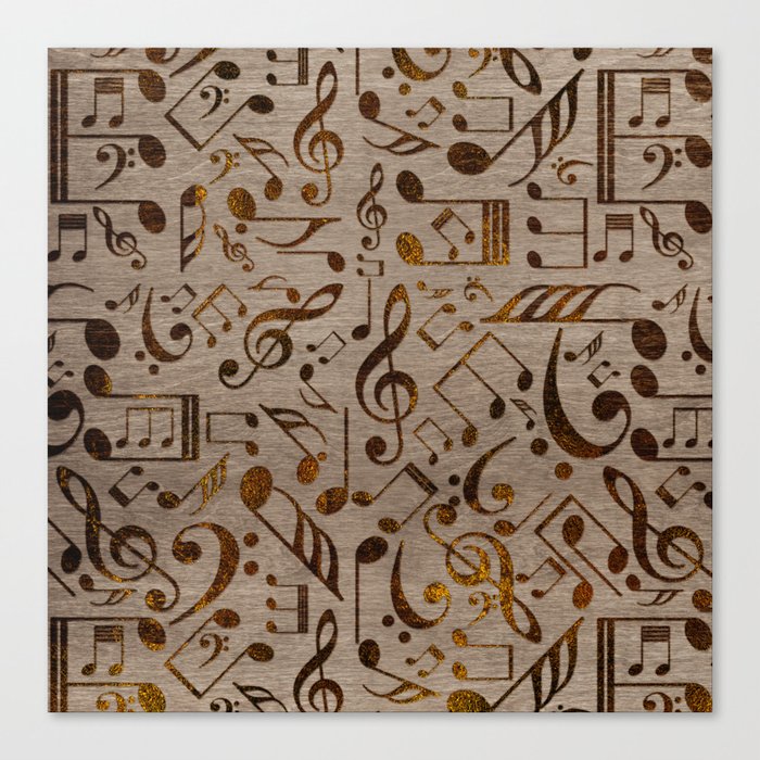Golden pyrography  Musical notes pattern on wood Canvas Print