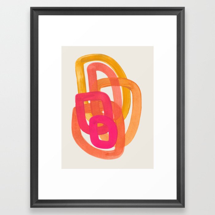 Funky Retro 70's Style Pattern Orange Pink Greindent Striped Circles Mid Century Colorful Pop Art Framed Art Print