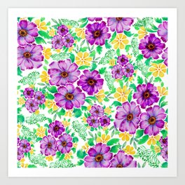 watercolor cosmos flowers pattern on white background  Art Print