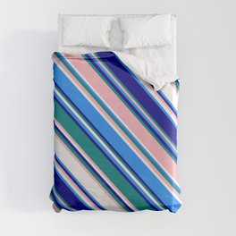 [ Thumbnail: Colorful Blue, Dark Blue, Teal, Light Pink, and White Colored Lines Pattern Duvet Cover ]