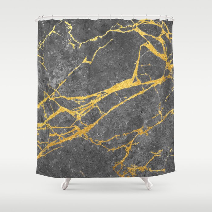 Matte Black Marble With Gold Shower Curtain By Calacatta Society6