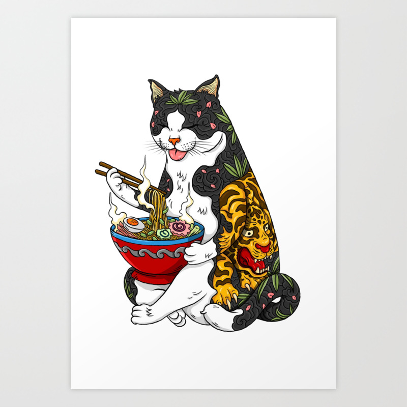 Cat Eating Chinese Noodles With Tiger Tattoo Art Print By Karimmca Society6