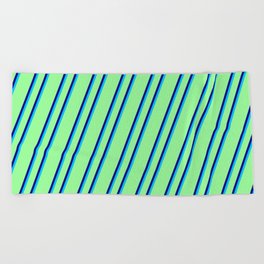 [ Thumbnail: Green, Blue & Deep Sky Blue Colored Stripes Pattern Beach Towel ]