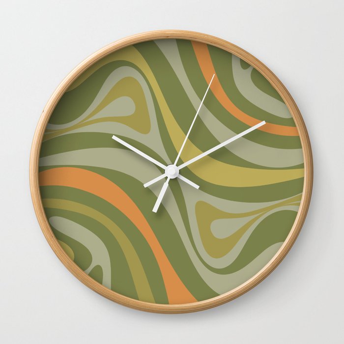 New Groove Retro Swirl Abstract Pattern in Midcentury Olive Green Orange Celadon Wall Clock