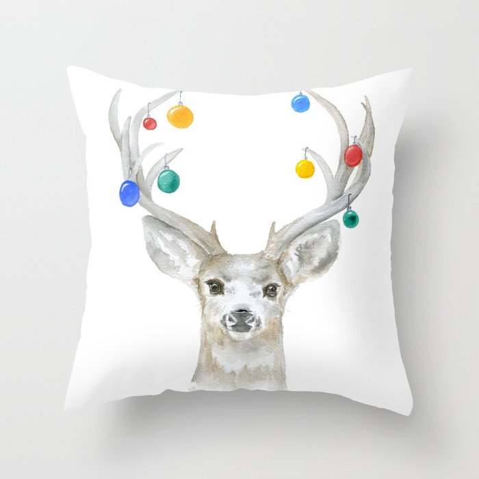 Deer with Christmas Ornaments Watercolor Throw Pillow