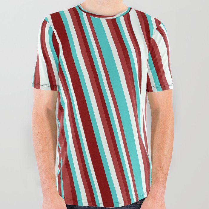 Turquoise, Maroon, Brown & Mint Cream Colored Pattern of Stripes All Over Graphic Tee