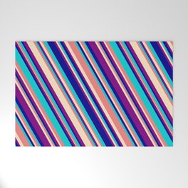 [ Thumbnail: Light Coral, Bisque, Purple, Dark Blue, and Dark Turquoise Colored Lined/Striped Pattern Welcome Mat ]