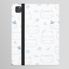 Pale Blue Doodle Kitten Faces Pattern iPad Folio Case