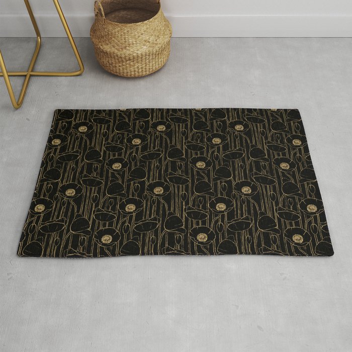 Poppies Field, Black and Gold Poppy Rug