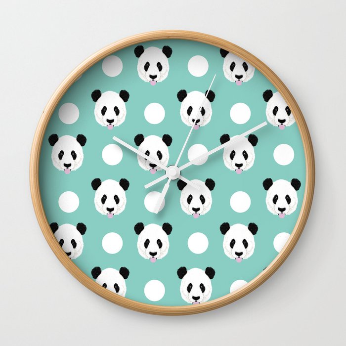 Panda polka dots pattern print minimal trendy kids design pillow cell phone cute panda cub character Wall Clock