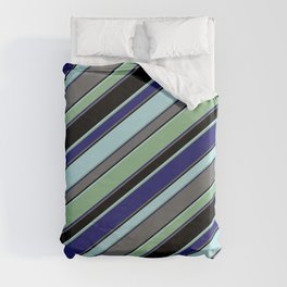 [ Thumbnail: Powder Blue, Dark Sea Green, Midnight Blue, Dim Gray, and Black Colored Striped/Lined Pattern Duvet Cover ]