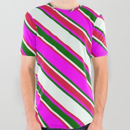 [ Thumbnail: Mint Cream, Crimson, Fuchsia & Dark Green Colored Striped/Lined Pattern All Over Graphic Tee ]