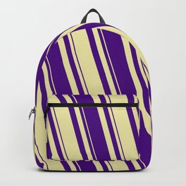 [ Thumbnail: Pale Goldenrod and Indigo Colored Striped/Lined Pattern Backpack ]