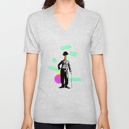 M. Charlie Chaplin Black Stencil 1980s Phone Neon Color V Neck T Shirt