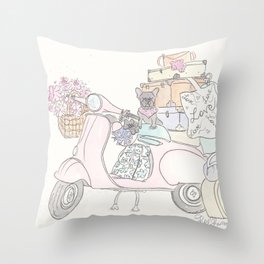 Pink Scooter French Bulldog Cat Road Trip Throw Pillow