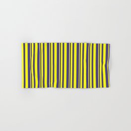 [ Thumbnail: Yellow and Dark Slate Blue Colored Striped Pattern Hand & Bath Towel ]
