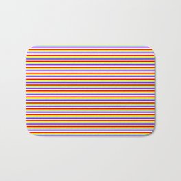 [ Thumbnail: Eye-catching Red, Yellow, Powder Blue, Purple & Mint Cream Colored Stripes Pattern Bath Mat ]