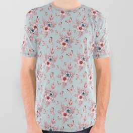 Monochrome anemone flowers and butterflies on a blue background - floral print All Over Graphic Tee
