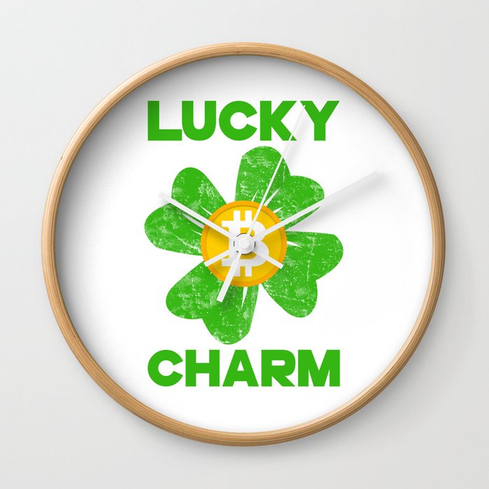 Lucky Charm Bitcoin Four Leaf Clover St Patricks Day Wall Clock by teepsy | Society6
