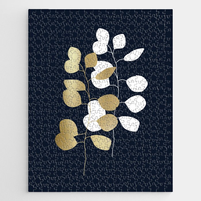 Leaf Duo, Gold and White on Navy Blue Jigsaw Puzzle