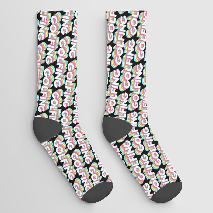 Golfing Trendy Rainbow Text Pattern (Black) Socks