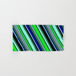 [ Thumbnail: Colorful Black, Lime, Dark Blue, Aquamarine, and Light Slate Gray Colored Lined Pattern Hand & Bath Towel ]