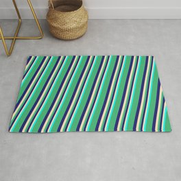[ Thumbnail: Sea Green, Midnight Blue, Beige & Cyan Colored Lines Pattern Rug ]